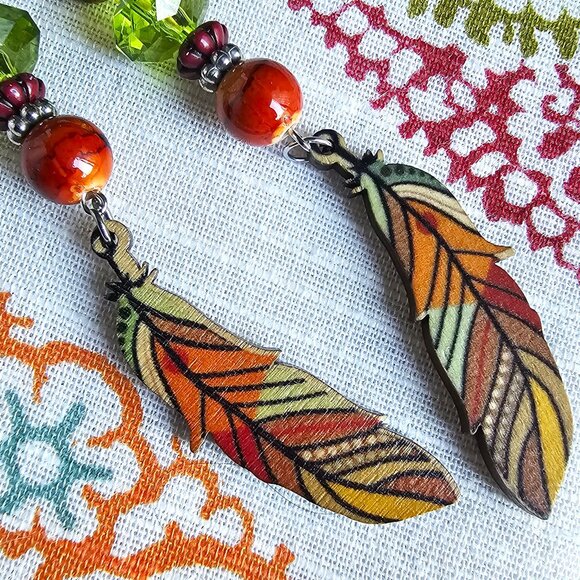 Artisan Hand Crafted Earrings, Painted Wood Feathers Beaded Pierced NWT - Picture 9 of 13